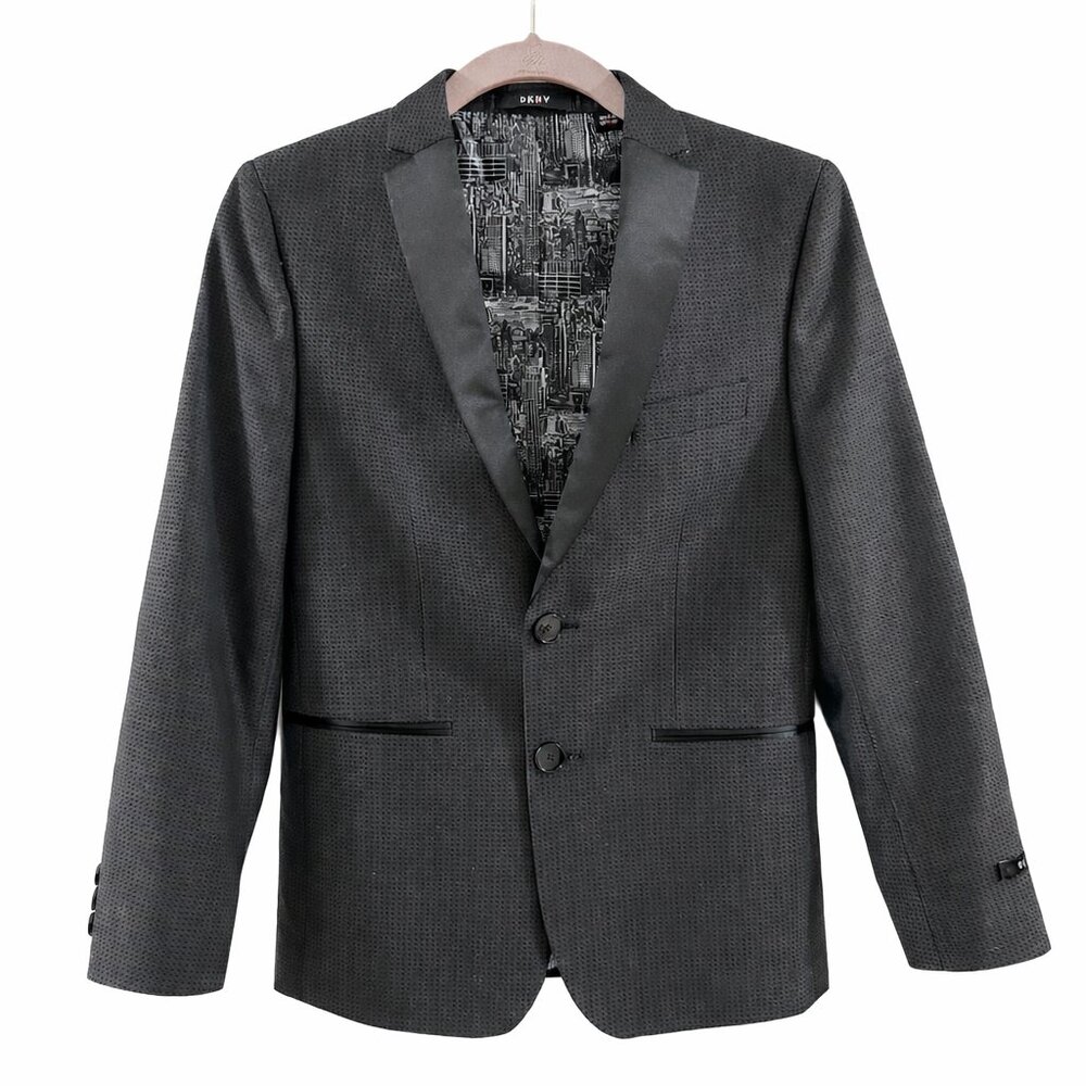 DKNY Boys Skinny Fit Tuxedo Blazer Black Textured Shawl Lapel Formal Jacket 12R